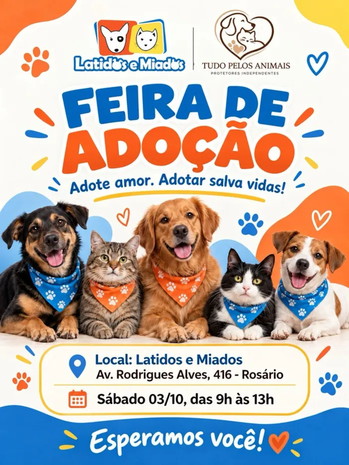 Cães e gatos aguardam adoção em São João da Boa Vista no sábado, 3 de outubro, das 9h às 13h, na Latidos e Miados.