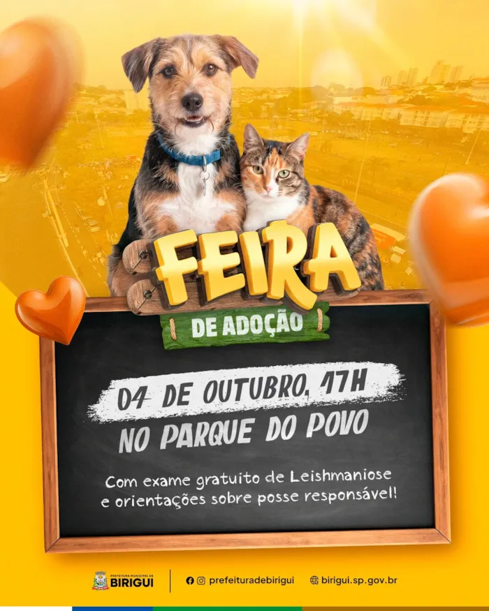 Feira de adoção de cães e gatos em Birigui no dia 04 de outubro, a partir das 17h, no Parque do Povo. Participe e adote um amigo!