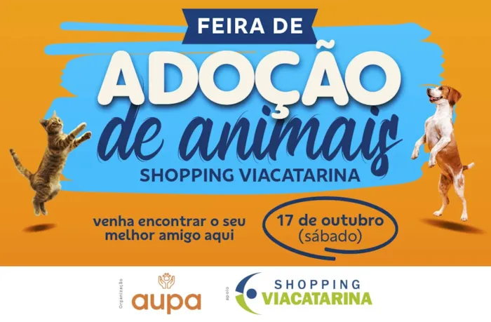 Feira de adoção de animais no Shopping ViaCatarina em Palhoça no dia 17 de outubro, das 10h às 17h. Adote um cão ou gato responsável.