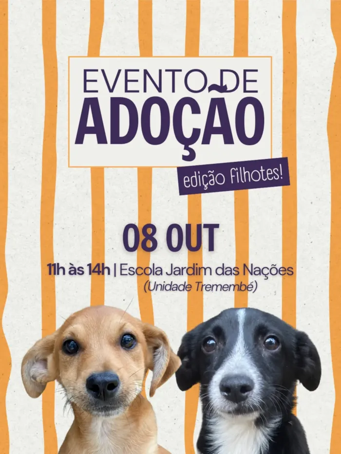 Evento de adoção de filhotes em Tremembé no dia 8 de outubro, das 11h às 14h, na Escola Jardim das Nações. Adote com responsabilidade!