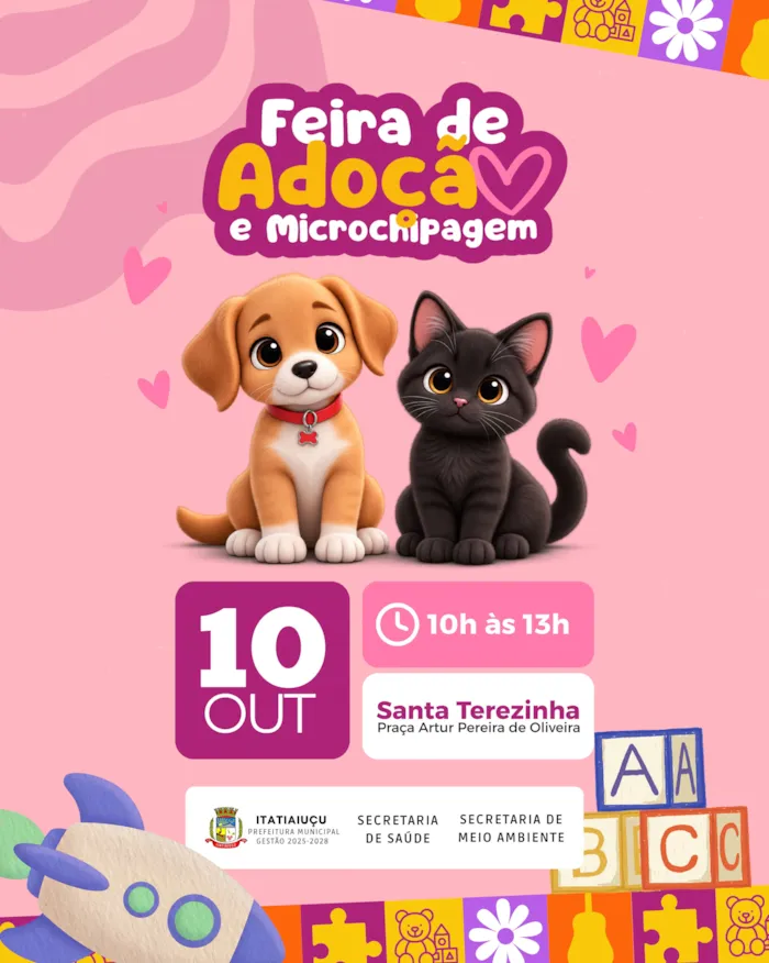 Feira de Adoção e Microchipagem em Itatiaiuçu no dia 10 de outubro, das 10h às 13h, na Praça Artur Pereira de Oliveira. Adote um amigo e faça o cadastro
