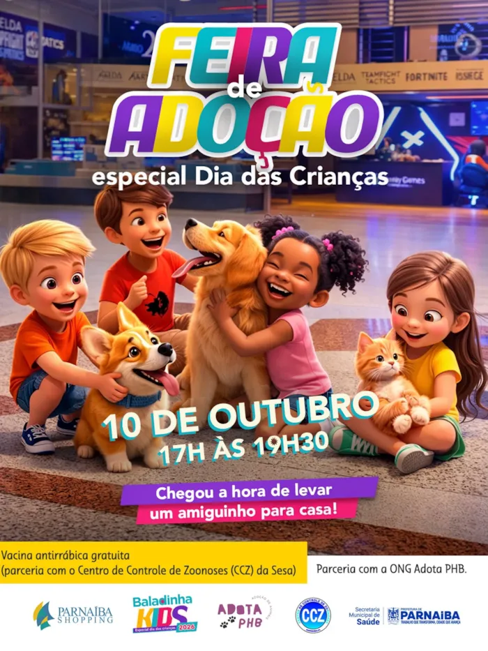 Feira de Adoção no Parnaíba Shopping em Parnaíba, PI, no sábado, 10 de outubro, das 17h às 19h30. Adote um amigo e vacine seu pet gratuitamente.