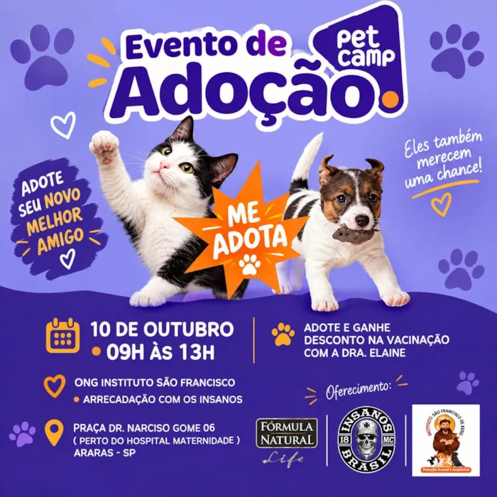 Evento de adoção em Araras acontece em 10 de outubro, das 9h às 13h, com cães e gatos e desconto na vacinação para quem adotar.