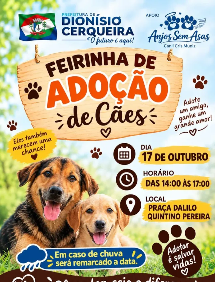 Feira de adoção de cães em Dionísio Cerqueira acontece em 17 de outubro, das 14h às 17h, com animais à espera de uma família.