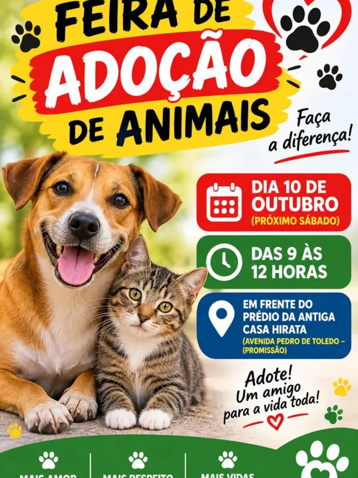 Feira de adoção em Promissão acontece em 10 de outubro, das 9h às 12h, com cães e gatos à espera de um lar responsável.