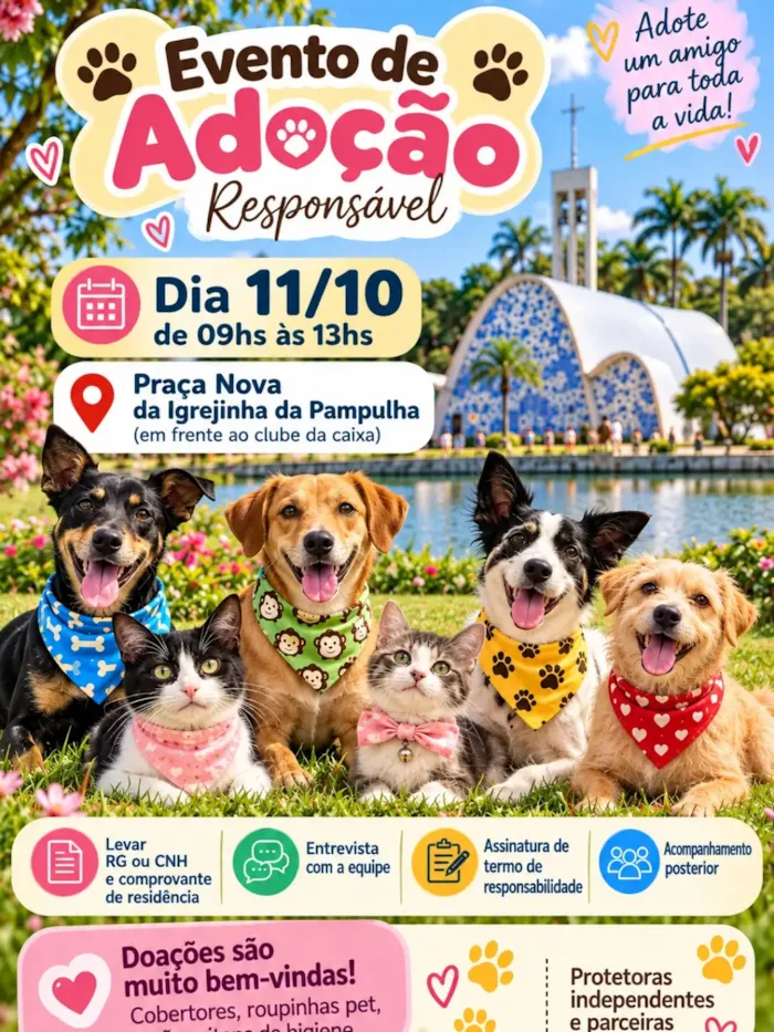 Evento de adoção em Belo Horizonte acontece em 11 de outubro, das 9h às 13h, na Pampulha, com cães, gatos e doações para protetoras.