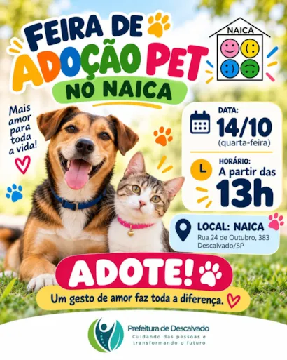 Feira de adoção em Descalvado acontece em 14 de outubro, a partir das 13h, no NAICA, com cães e gatos à espera de um lar.
