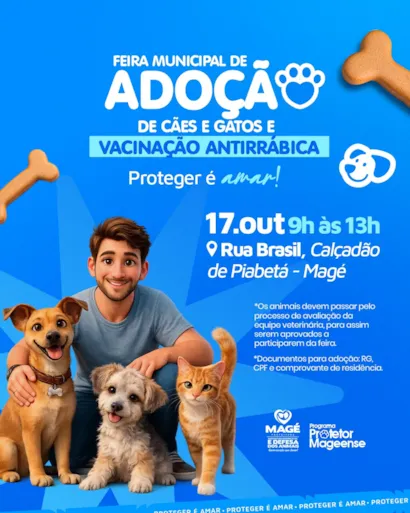 Feira de adoção em Magé acontece em 17 de outubro, das 9h às 13h, com cães, gatos e vacinação antirrábica no Calçadão de Piabetá.