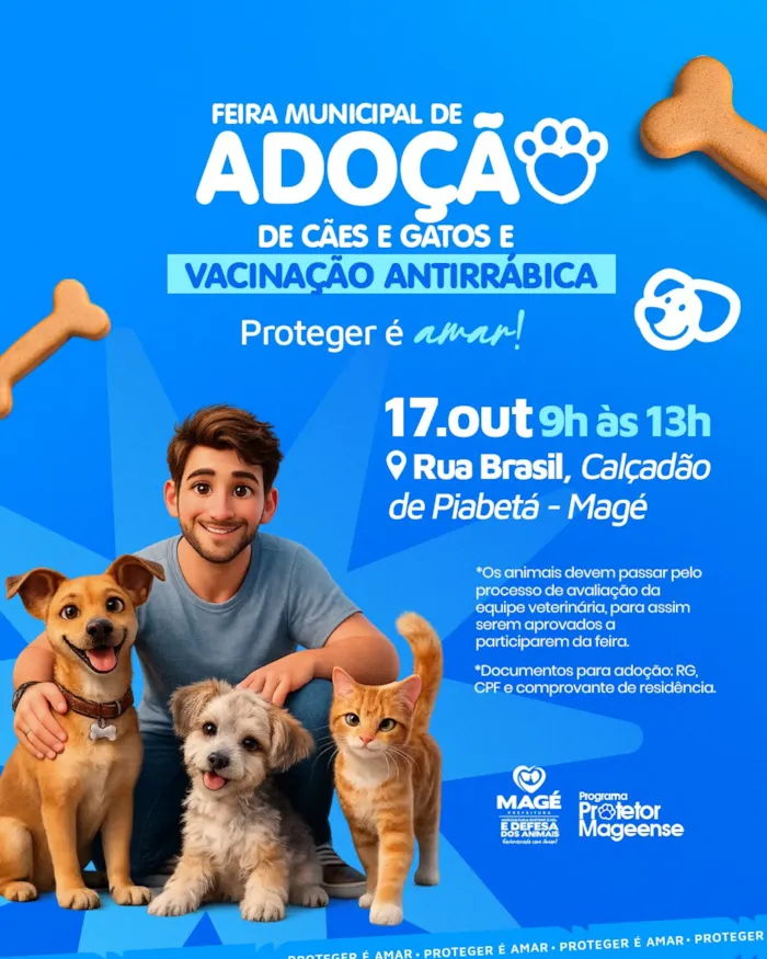 Feira de adoção em Magé acontece em 17 de outubro, das 9h às 13h, com cães, gatos e vacinação antirrábica no Calçadão de Piabetá.