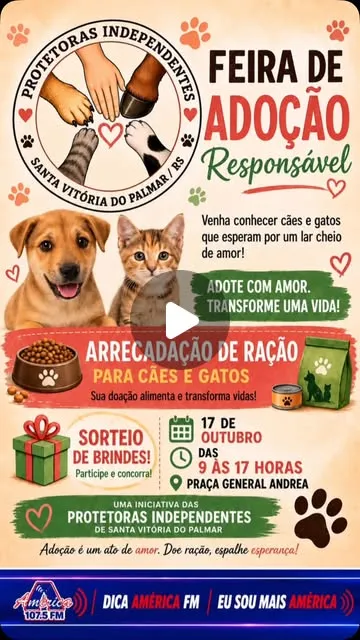Feira de adoção em Santa Vitória do Palmar ocorre em 17 de outubro, das 9h às 17h, com cães, gatos e ações solidárias.