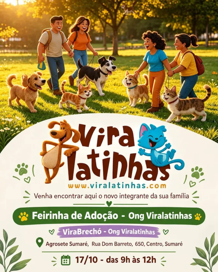 Feira de adoção em Sumaré acontece sábado, 17 de outubro, das 9h às 12h, na Agrosete, com cães e gatos à espera de um lar.