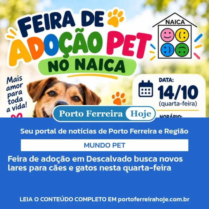 Feira de adoção em Descalvado ocorre em 14 de outubro, no NAICA, com cães e gatos à espera de famílias responsáveis e novos lares.