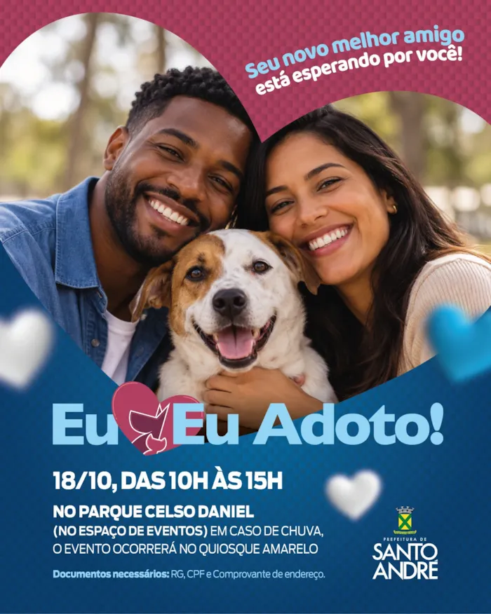 Evento de adoção em Santo André acontece em 18 de outubro, das 10h às 15h, com cães esperando uma família no Parque Celso Daniel.