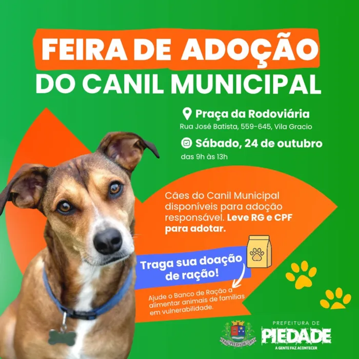 Feira de adoção em Piedade ocorre em 24 de outubro, das 9h às 13h, com cães do Canil Municipal e orientação para adoção responsável.