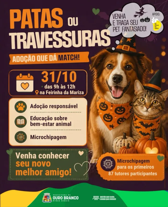 Evento Patas ou Travessuras: adoção em Ouro Branco, MG