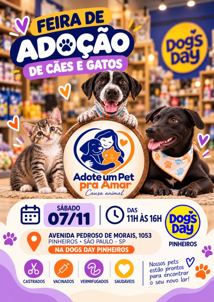Feira de cães e gatos em São Paulo acontece em 7 de novembro, das 11h às 16h, na Dogs Day Pinheiros, com pets para adoção.