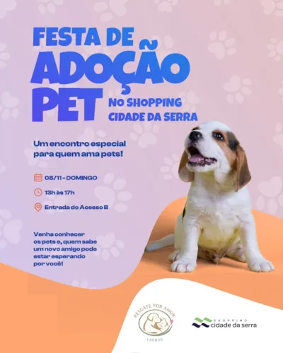Festa de adoção em Lavras no Shopping Cidade da Serra