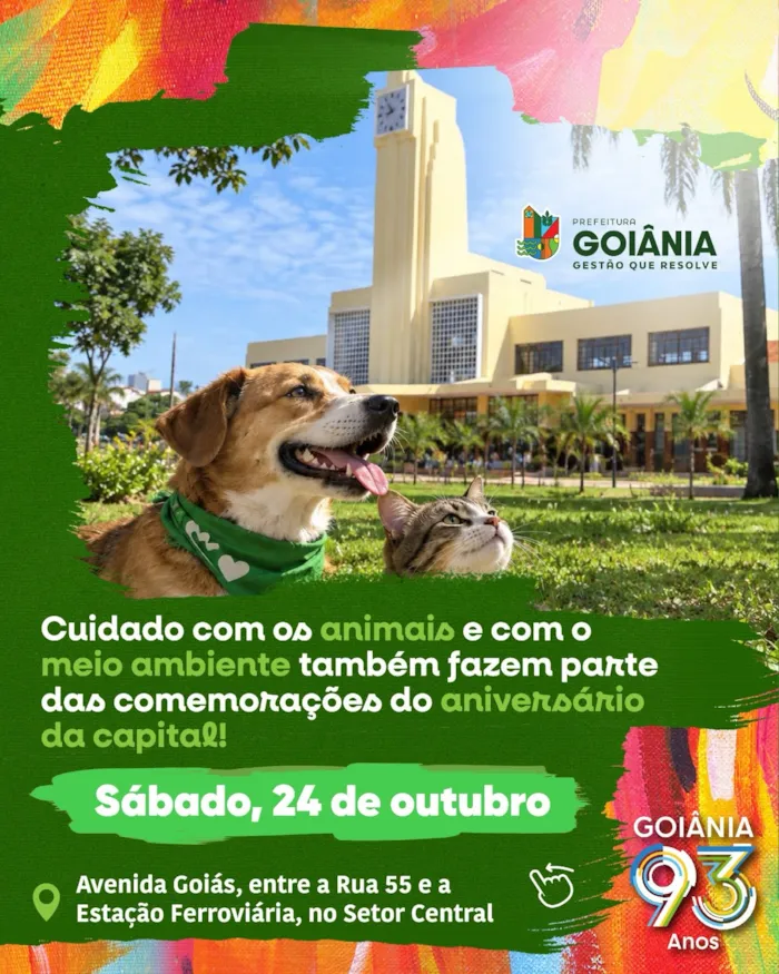Feira de adoção em Goiânia acontece em 24 de outubro, das 9h às 21h, com cães e gatos, vacinação antirrábica e mudas.