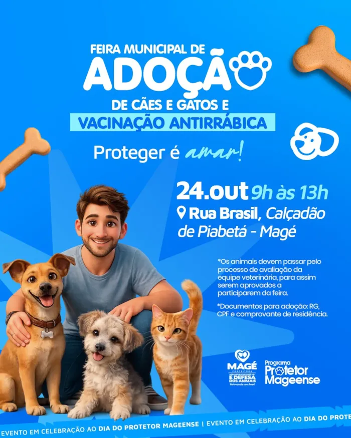 Feira municipal de cães e gatos em Magé acontece em 24 de outubro, das 9h às 13h, com vacinação antirrábica e orientação.