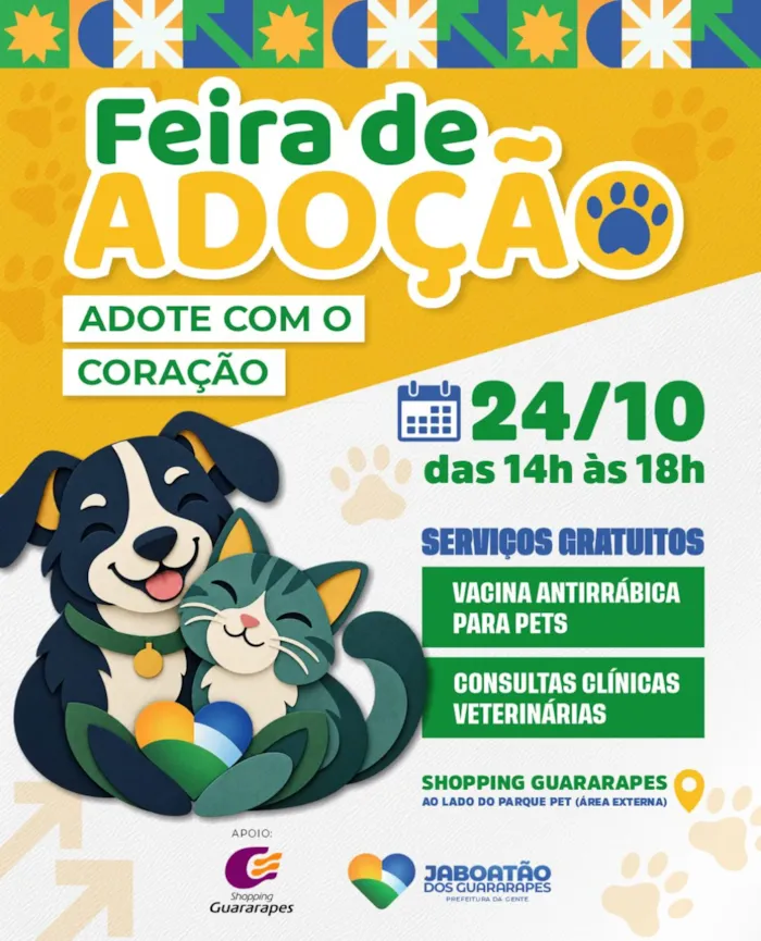 Feira de Adoção e Vacinação antirrábica em Jaboatão dos Guararapes neste sábado (24/10), das 14h às 18h, no Shopping Guararapes. Adote um pet e aproveite