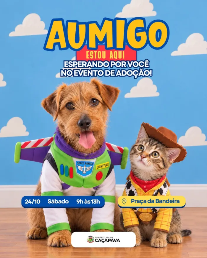 Cães e gatos esperam por adoção em Caçapava neste sábado, 24 de outubro, das 9h às 13h, na Praça da Bandeira. Conheça os animais.