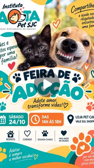 Feira de adoção em São José dos Campos acontece em 24 de outubro, das 14h às 18h, no Vale Sul Shopping, com cães e gatos.