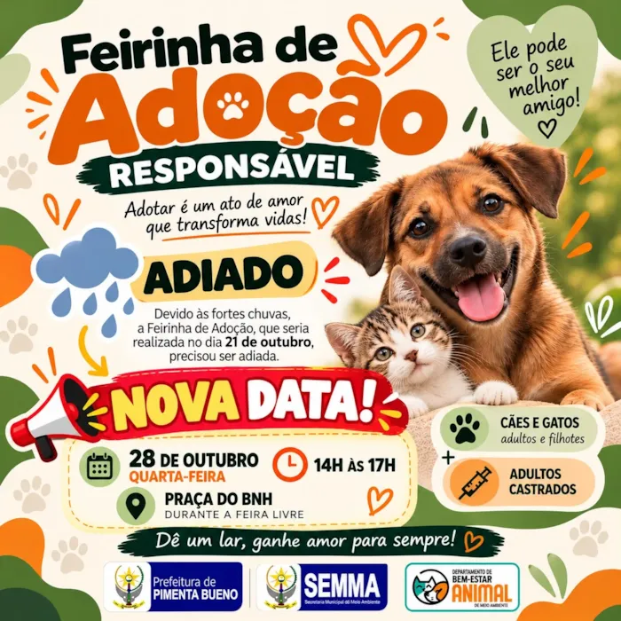 Feirinha de adoção em Pimenta Bueno acontece em 28 de outubro, das 14h às 17h, com cães e gatos adultos e filhotes para adoção responsável.