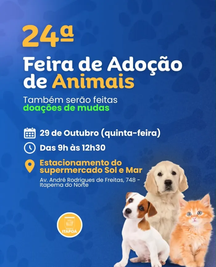 Feira de Adoção de Animais em Itapoá no dia 29 de outubro, das 9h às 12h30, no Estacionamento do Supermercado Sol e Mar. Adote um amigo e ganhe mudas de