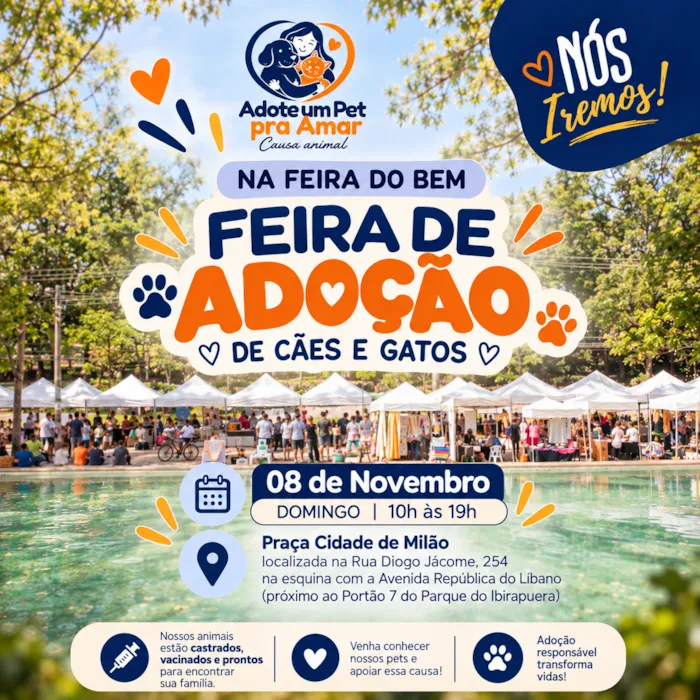 Feira de cães e gatos em São Paulo acontece em 8 de novembro, das 10h às 19h, com animais vacinados e prontos para adoção.