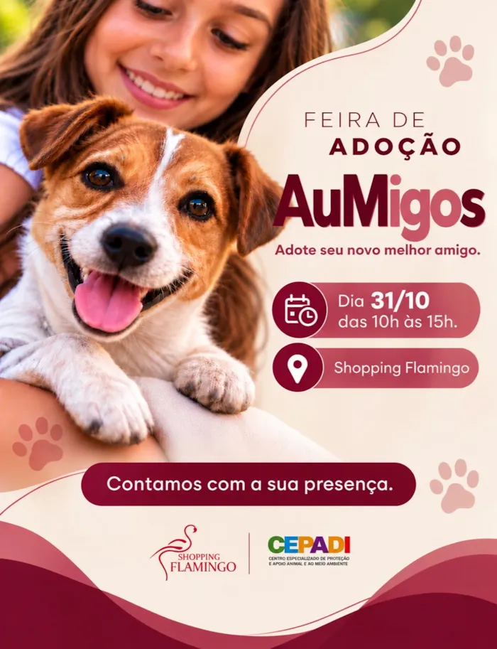 Feira de animais em Barueri acontece em 31 de outubro, das 10h às 15h, no Shopping Flamingo, com cães e adoção responsável.