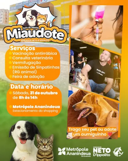 Feira de adoção em Ananindeua acontece em 31 de outubro, das 8h às 14h, com pets e serviços gratuitos no Metrópole.