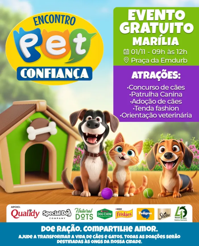Feira de adoção de cães em Marília acontece em 1º de novembro, das 9h às 12h, com orientação veterinária e ação de ração solidária.