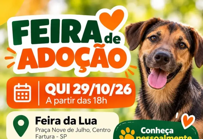 Feira de adoção em Fartura ocorre em 29 de outubro, a partir das 18h, na Feira da Lua, com animais em busca de um novo lar.