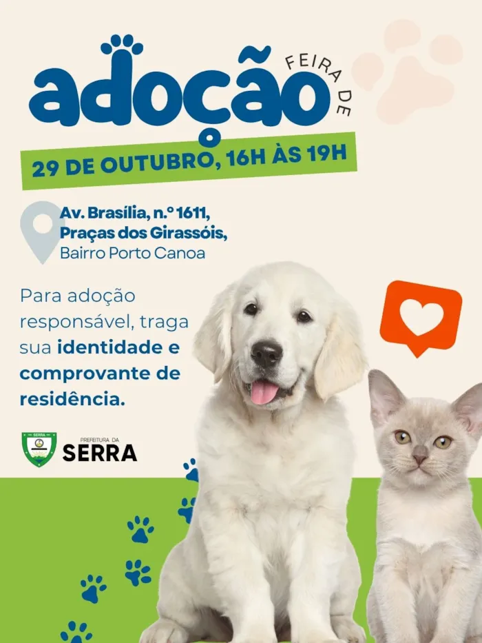 Feira de Adoção da Prefeitura da Serra em 29 de outubro, das 16h às 19h. Encontre um novo amigo e transforme uma vida.