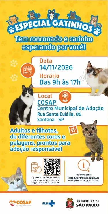 Feira de adoção em São Paulo acontece de 7 a 14 de novembro, das 9h às 17h, com cães, gatos e serviços gratuitos para pets.