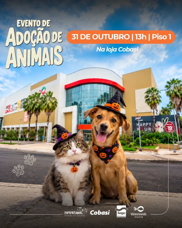 Evento de Adoção de Animais em Várzea Grande no dia 31 de outubro, às 13h, na loja Cobasi do Várzea Grande Shopping. Adote um amigo!