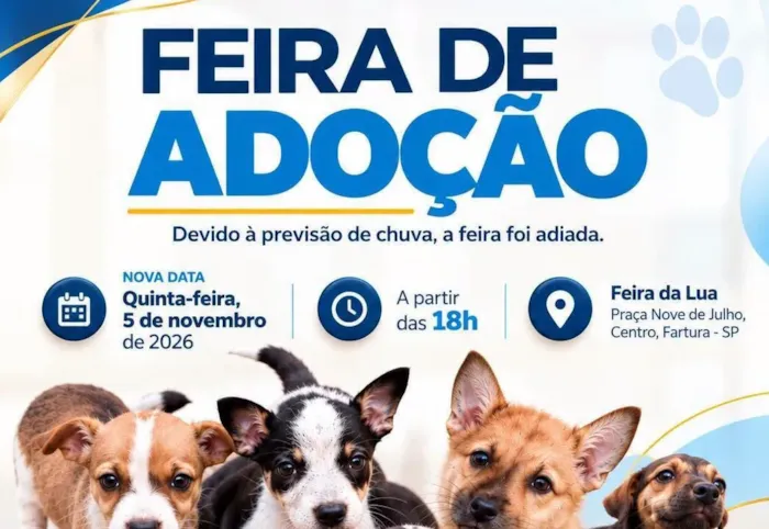 Feira de adoção em Fartura ocorre em 5 de novembro, a partir das 18h, na Feira da Lua, com filhotes à procura de um lar.