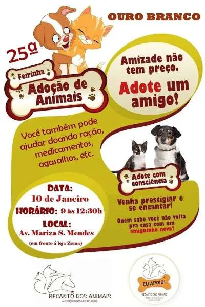 Participe da feira de adoção em Ouro Branco - MG e encontre seu novo melhor amigo. Adote, ame e transforme vidas! Venha fazer a diferença!