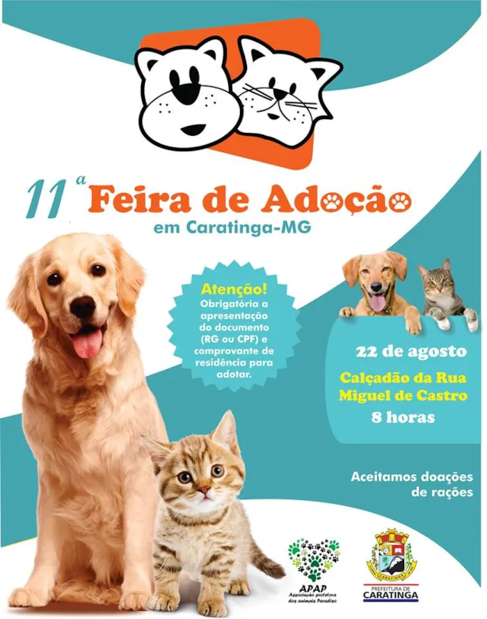 Participe da feira de adoção em Caratinga, MG. Encontre um novo amigo peludo e transforme vidas. Venha fazer a diferença!